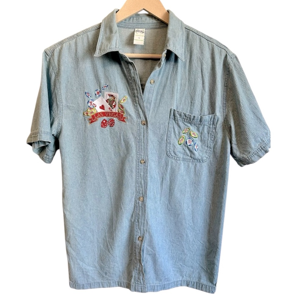 Vintage Denim Las Vegas Shirt Button Vintage‎ Embroidered Jean Shirt 90’s  L